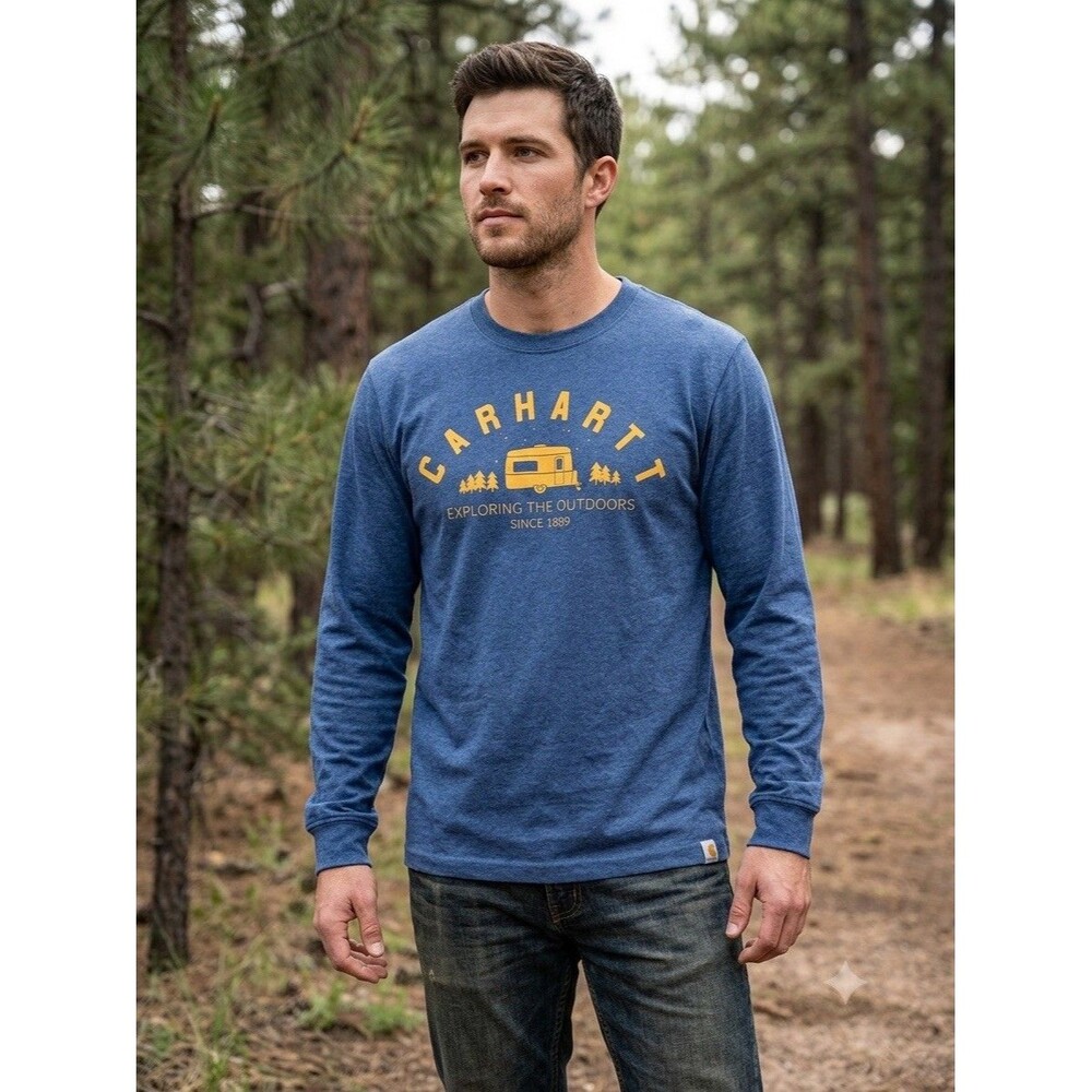 Carhartt Men Small S Long Sleeve Shirt Graphic Camper Exploring Outdoors Blue